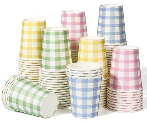 120pcs 9oz Gingham Party Paper Drinking Cups, 4 Colors Disposable Plaid Paper Cups Light Blue Light Green Light Yellow and Light Pink Plaid Cups for Wedding Birthday Decor Fiesta Baby Shower Picnic