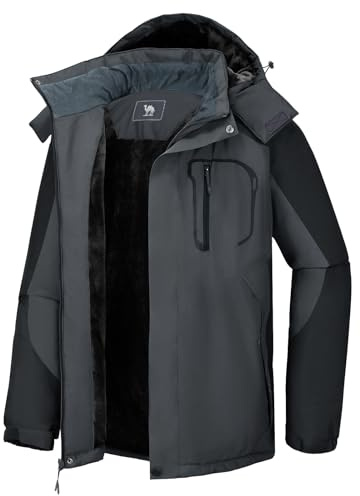 CAMEL CROWN Men's Ski Snow Jacket Waterproof Winter Snow Coat Windproof Warm Fleece Lining Hooded Parka Rain Jacket Grey/Black M