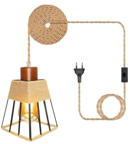 Hängelampe mit Stecker, 5M Hanfseil Lampe, Lampenfassung E27 mit Kabel und Schalter, Inklusive Rectangle Metall Lichtschirm, Lampenkabel mit Schalter, Vintage Pendelleuchte mit Stecker für Ländliche