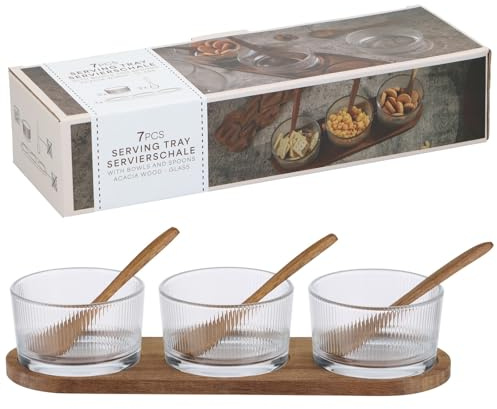 URBN-CHEF Acacia Wood Serving Tray with Glass Bowls – Tapas Snack and Dip Set for Entertaining Appetizers, Cheese, Charcuterie, and Party Platters - 7 Piece