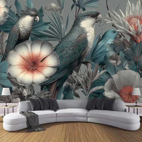 Papier Peint Panoramique Fleurs Oiseaux Feuilles De Palmier Tropical, 450x315cm (L×H) Papier Peint Tissu en Soie Murale Turquoise, Poster Geant 3D, pour Salon Chambre Restaurant Décoration Murale