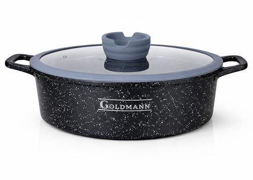 GOLDMANN 28 CM (3.5L) Guss-Aluminium Flache Auflaufform mit Glasdeckel, Marmor-Keramik-Antihaftbeschichtung, PFOA-frei, für Induktion & alle Herdarten