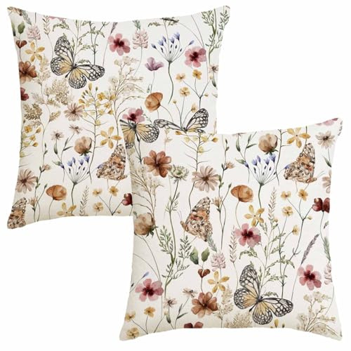 Avalune Kissenbezug 50x50 Frühling Leinenoptik Blumen Rot Kissen Sofakissen Bezug Sommer Outdoor Kissenhülle Polsterbezug Dekorative Schmetterling Zierkissenbezüge für Garten Balkon，2er Set