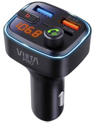 Transmisor FM Bluetooth Coche Vieta Pro, Manos Libres Adaptador Bluetooth 5.3, Cargador Coche inalámbrico con Carga Rápida QC3.0+USB-C, Reproductor MP3 para Radio Coche con Mechero