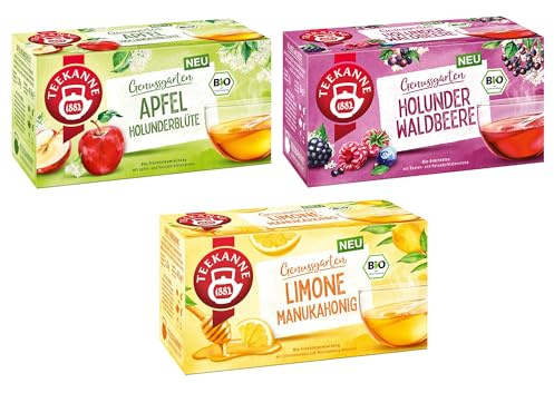 Teekanne Bio Genussgarten Tee 3er Set exotischer Früchtetee Teemischung | mit Apfel Holunderblüte, Holunder Waldbeere & Limone Manukahonig, Beutel, Für Entspannung & Genuss Momente
