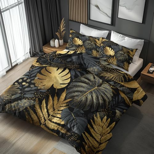 Generisch Monstera Bettwäsche 135x200 2er Set Mit Schwarz Gold Banane Blätter Muster, Bettbezug Set Bügelfreie Bettwäsche Mit Reißverschluss, Kissenbezug, Monstera Deko