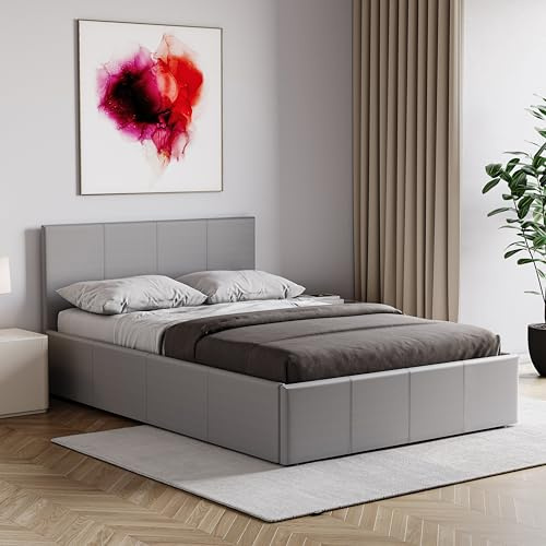 Vida Designs Lisbon Small Double Ottoman Bed Frame with Mattress | Grey | 87 H x 128 W x 200 D cm | Faux Leather | Padded Headboard | Low Foot | Gas Lift | Large Storage | UKFR | Bedroom Furniture