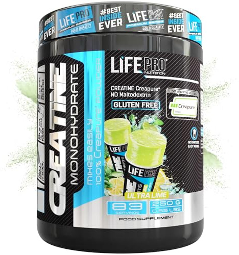 Creatina Monohidratada Creapure Life Pro – Creatina Micronizada Pura, Hasta 83 Tomas – Sin Gluten, Para Fuerza, Energía y Recuperación Muscular – Calidad Alemana (250g, Ultra Lime)