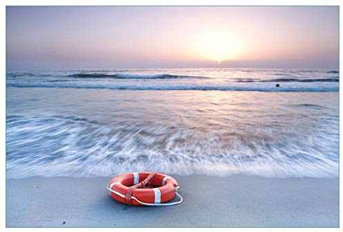 Wallario Küchenrückwand selbstklebend 90 x 60 cm, Motiv: Rettungsring am Strand bei Sonnenuntergang | Spritzschutz abwischbar & pflegeleicht