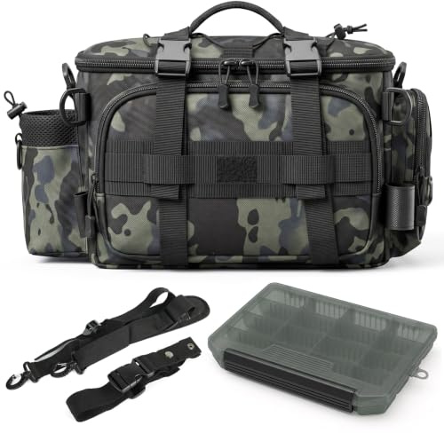 Realure Camo Sac Peche Rangement avec Boîtes, Sac De Pêche Imperméable | Sac de Pêche Spacieux, en Tissu Oxford Haute Densité, Design Portable, Bandoulière Rembourrée, pour Les Accessoires De Pêche