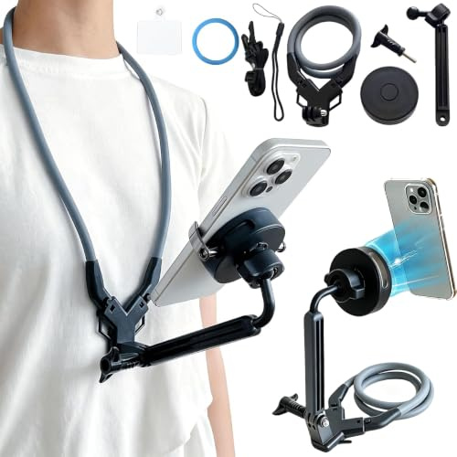Ysnzaq 2 en 1 Soporte Magnético de Cuello para Teléfono con Clip GB Negro | VLOG/POV Soporte Movil Cuello, Doble sujeción magnética y por clip,Compatible iPhone, Samsung, GoPro Hero y Smartphone.