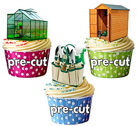 AK Giftshop PRE-CUT Green House Shed Allotment - Edible Cupcake Toppers/Cake Decorations (Pack of 12)