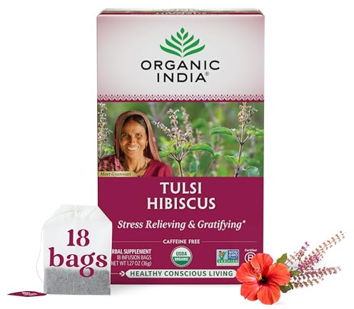 ORGANIC INDIA Tulsi Hibiscus Tea Bags, Adaptogen, 18 Infusion Bags, 1 Pack