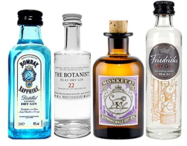 Gin mini 4er Set - Bombay Sapphire London Dry Gin 50ml (40% Vol) + Monkey 47 Schwarzwald Dry Gin 50ml (47% Vol) + The Botanist Islay Dry Gin 50ml (46% Vol) + Friedrichs Dry Gin 4cl (45% Vol)