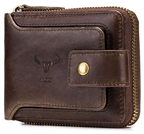 BAIGIO Bifold Men's Cowhide Leather Zip Around Wallet Vintage Travel Multi Card Holder Purse (Coffee)