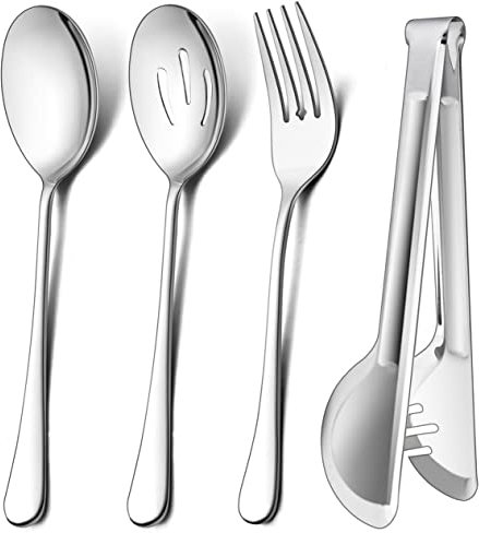 LIANYU 12-teiliges großes Servierutensilien-Set, inklusive 24,9 cm Schlitzlöffel und Gabeln, 24,9 cm Zange, Edelstahl-Servierbesteck für Catering-Party, spülmaschinenfest
