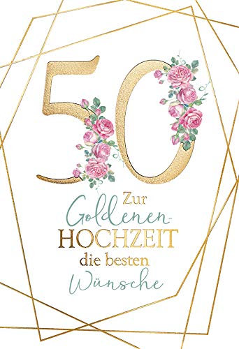 KE - Goldhochzeit Karte zum 50. Hochzeitstag, B6 Format inkl. Umschlag, Jubiläumskarte mit Rosen Motiv