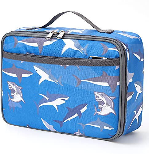 Pretty Jolly Mini Kids Lunch Box, Insulated Reusable Lunch Bag for Girls & Boys, Thermal Meal Container Tote with Waterproof Liner, Hot or Cold Snacks Lunchbox for School,Work,Picnic (Shark)