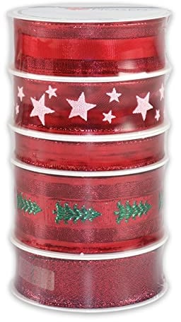 PRÄSENT WEIHNACHTEN rot, 5 x 3 m Schleifenband, in verschiedenen Breiten, Geschenkbandset für Verpackungen und Dekorationen, weiche Stoffbänder in fünf verschiedenen Varianten