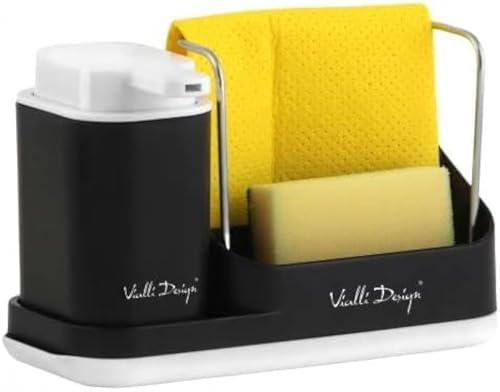 Vialli Design Spülbecken Organizer, Livio Duo Kollektion, Schwarz, Küchen Organizer Set aus Kunststoff mit Spülmittelspender Seifenspender, Schwammhalter, Handtuchhalter, Spülmaschinenfest