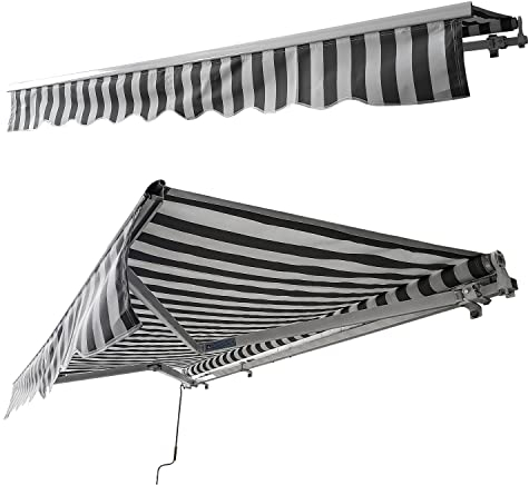 Ikodm Markise 350 x 300 cm Manuelle Gelenkarmmarkise Wasserdicht und Sonnenschutz, Terrassenmarkise, Sonnenmarkise für Balkon, Gelenkmarkise Weiß/Grau Gestreift, Montage erforderlic