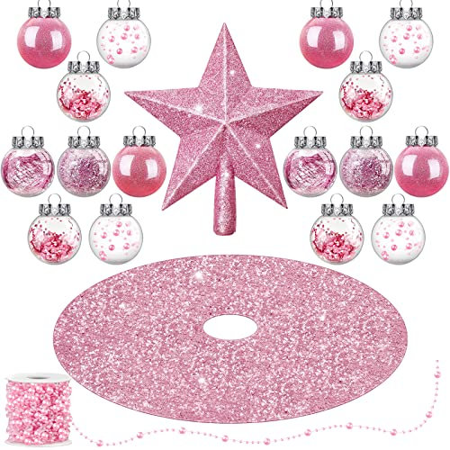 33 Rosa Weihnachtsbaum Dekoration Set Paillette Weihnachtsbaum Rock Glitzer Weihnachtsbaumspitze Stern Weihnachtskugeln zum Aufhängen Perlenkette Girlanden für Hochzeit Weihnachten Party