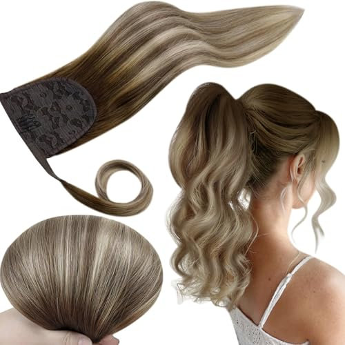 RUNATURE Ponytail Hair Extensions Zopf 55cm Braun Ombre Blond Pferdeschwanz Haarteil Echthaar Glatt Ponytail Extension Echthaar Blond Balayage Zopf Extensions 80g #3/8/22