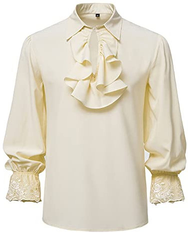 Men's Renaissance Ruffled Frilly Shirts Long Sleeve Medieval Vintage Jabot Collar Pirate Costume Victorian Steampunk Gothic Tops-Khaki-XL