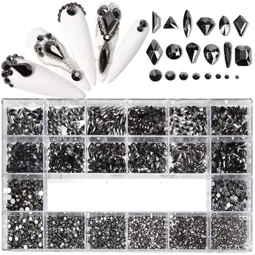 Shiny Diamond Nail Art Rhinestones Kit Glass Crystal Decorations Set 1pcs Grids Box 21 Shapes of 2500pcs-Jet Hemitate 2500pcs
