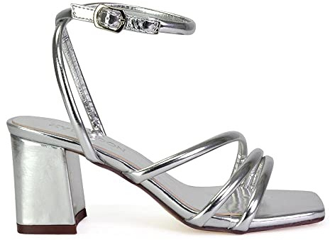 Womens Strappy Sandals Ladies Low Mid Block Heel Ankle Strap Square Toe Shoes Size 3-8 Silver Metallic
