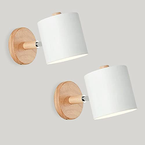 LIGKIN Applique Murale Interieur E27 Réglable Lampe Murale en Bois Applique avec Abat-jour en Métal Plafonnier Luminaire Enfant pour Chevet Bureau Salon Lecture (Blanc, 2pcs)