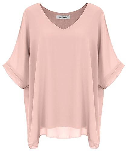 Van Der Rich ® - Camicetta Ampia di Chiffon Scollo a V Foderato all'Interno - Dnna (Rosa, M-L)