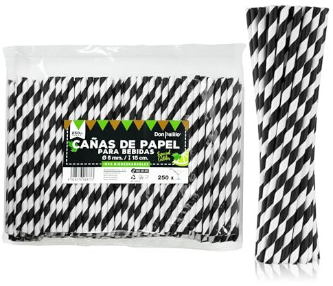 Pailles en papier à rayures spirales blanches et noires - 150 x 6 mm