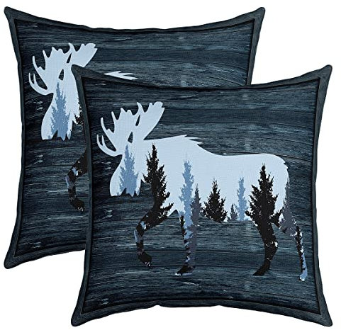 Rustikale Hirsch Kissenbezüge 40x40cm 2er Set Kissenbezüge Weich Kinder Bauernhaus Hirsch Jagd Sofakissen Couchkissen Geweih Kissenbezug Kissenhülle Western Bauernhaus Blau Grau Dekokissens