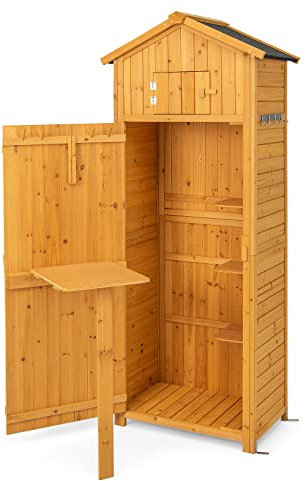 GOPLUS Abri de Jardin en Bois de Sapin pour Extérieur, 75 x 50 x 180,5 CM Cabane à Outils avec Porte Verrouillable, 3 Étagères Amovibles, Table Pliable, Crochets, avec Toit en Asphalte, Naturel