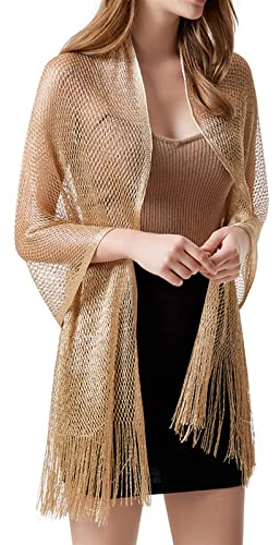 GIBZ Schals & Tücher für Damen Umschlagtuch Braut Festlich mit Quasten Elegante Cape Wraps Glitzernde Stola für Die Hochzeitsparty Gold