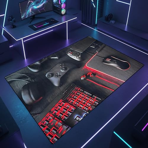 Teppich-Traum Gaming Teppich Konsole Rot Schwarz 100x150 cm | Rote Akzente mit Gamepads und Spielekonsole, rutschfeste Unterseite, strapazierfähig, pflegeleicht und angenehm weich