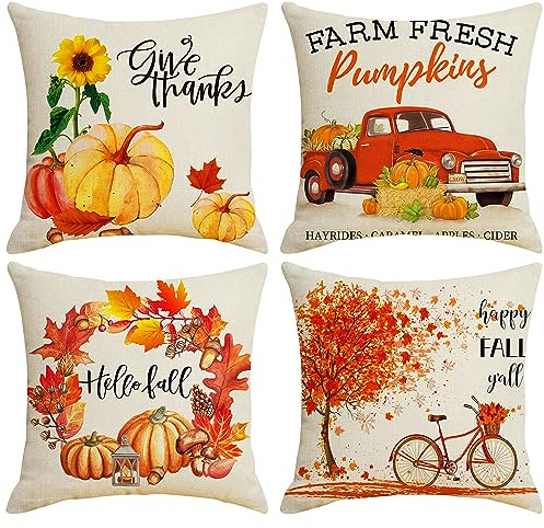 AWCIGG® Kissenbezug Herbst Kissenhülle Kissenbezüge 45 x 45 cm 4er Set Ahornblatt Kürbis Kissenhüllen Herbst Deko Kissen Erntedankfest Herbst Dekoration Innen Garten Sofa Schlafzimmer Herbstdeko