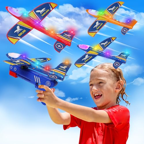 Flugzeug Spielzeug für Kinder, 3 Stück Wurfgleiter Styroporflieger Katapult Pistole Kinderspielzeug, Segelflugzeug Kinder Flieger Styropor, LED Flugzeugbausätze, Geschenk für Jungen und Mädchen Spiele