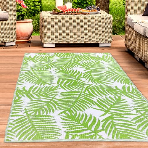 CARPETIA Outdoor Teppich Außenteppich wetterfest Kunststoff Garten Terrasse Balkon Camping Tropisches Palmen-Design grün-weiß 150 x 220 cm