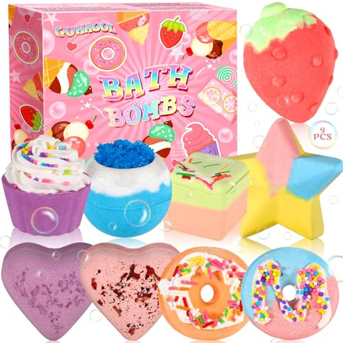 GUHAOOL Bombes de Bain, Lot de 9 Coffret Cadeau Boules de Bain, Bombes de Bain Moussantes Biologiques et Naturelles, Coffret Cadeau Femme - pour Cadeau Femme, Fille, Enfants, Fete des Meres, Noël