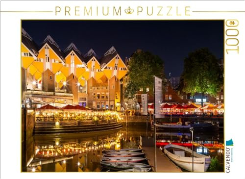 CALVENDO Puzzle Rotterdam Alter Hafen und Kubushäuser bei Nacht | 1000 Teile Lege-Größe 64 x 48 cm Foto-Puzzle für glückliche Stunden