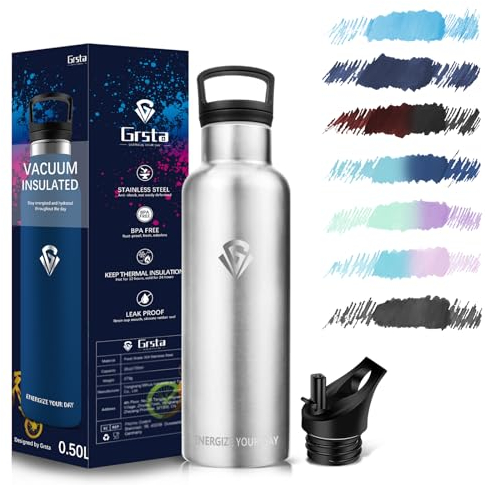 Grsta Gourde Isotherme, Bouteille Isotherme 500ml, Gourde Enfant sans BPA, Gourde INOX Reutilisable, Gourde avec Paille pour Sport, Gym, école, Bureau