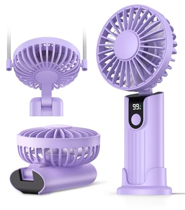WarmCo Portable Handheld Fan, 5000mAh USB Rechargeable Foldable Fan 3 in 1 Personal Travel Fan with Digital Display,90° Foldable Desk Fan with Base, Mini Desk Fan for Makeup/Commute/Office, (K38)