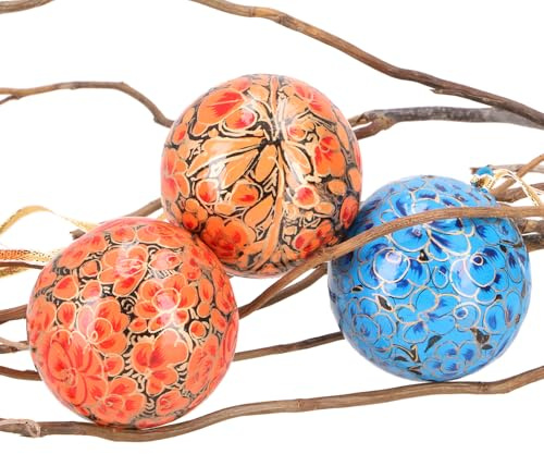 Upcycling Weihnachtskugel 3er Set aus Pappmachee, handbemalt, Muster 5 | Kaschmirkugeln, 7 cm Durchmesser, einzigartiger Christbaumschmuck, umweltfreundlich, in recycelter Box