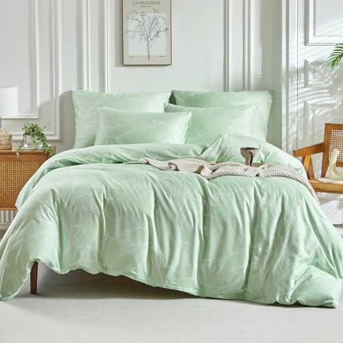 Lekesky Green King Size Duvet Cover Sets Botanical Branches Print Bedding Sets Soft Microfibre Green Duvet Cover King Size (1x Quilt Cover, 2x Pillowcases)