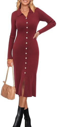 Newshows V Neck Midi Jumper Dress for Women UK - Wine Red Bodycon Knitted Elegant Sweater