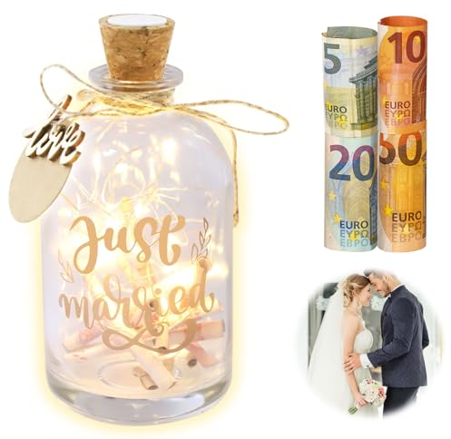 BRISKRE - Luz LED para botella de boda, regalo de boda para novios, regalo de boda único, hucha para dinero, regalo de boda, regalo de dinero, personalizable, regalo de boda (Just Married)