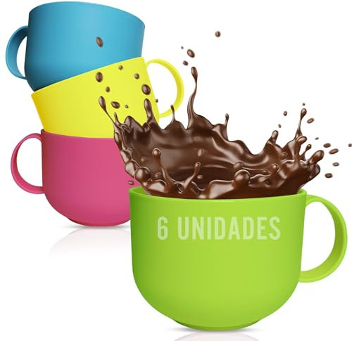 Mypicompany. Set de 6 Tazas Desayuno Grandes de Plástico -Libre de BPA-. Tazas Grandes Desayuno xxl de 600ml en Colores Vivos. (6, VIVOS)