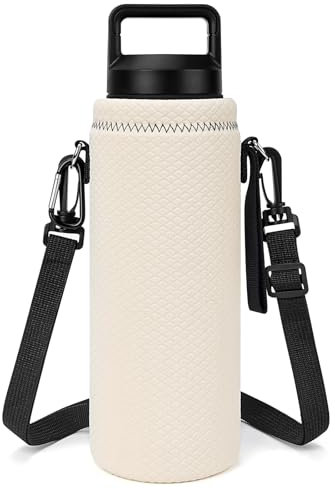 Linkidea Porte-bouteille d'eau compatible avec la bouteille d'eau YETI Rambler 36 oz, la bouteille d'eau Yonder 1,5 L/50 oz, sac à bandoulière isolé en néoprène avec dragonne (Blanc cassé)